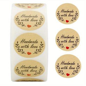 NEW 500pcs/roll Handmade With Love Stickers - Light Brown Kraft Stickers